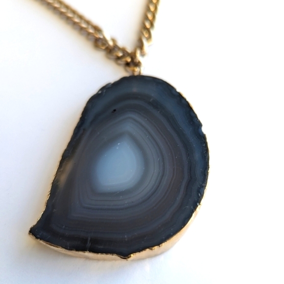 Express Tan Sliced Agate Large Stone Necklace Thick Gold Tone Chain Gold Edging - Picture 4 of 10